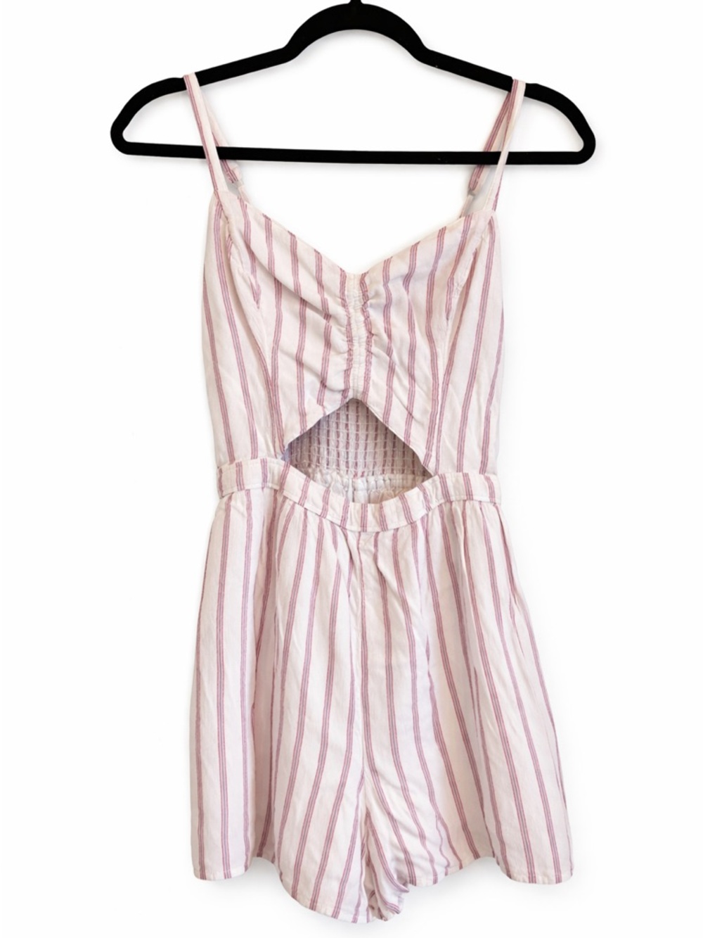 Hollister Pink Stripe Cutout Romper M Tie Front Smocked Back Summer Vacation